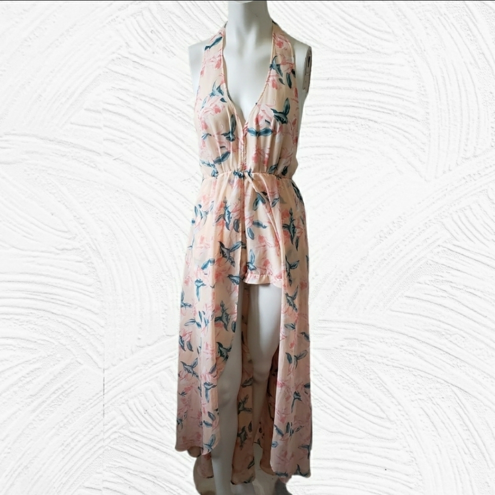 Floral halter top romper maxi dress  peach pink green size small